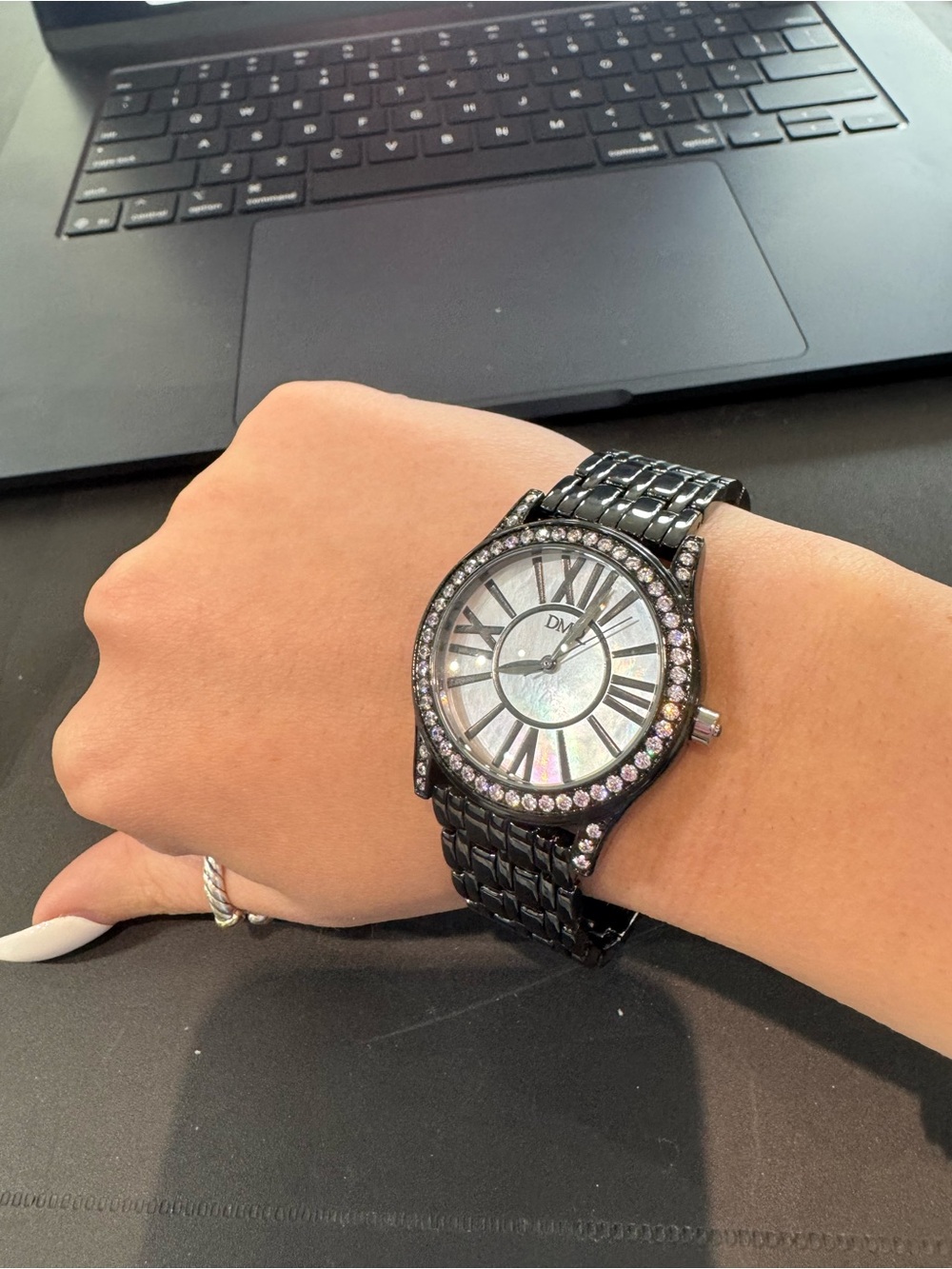 DMQ Swiss Mother of Pearl & CZ Accent Black Bracelet Watch